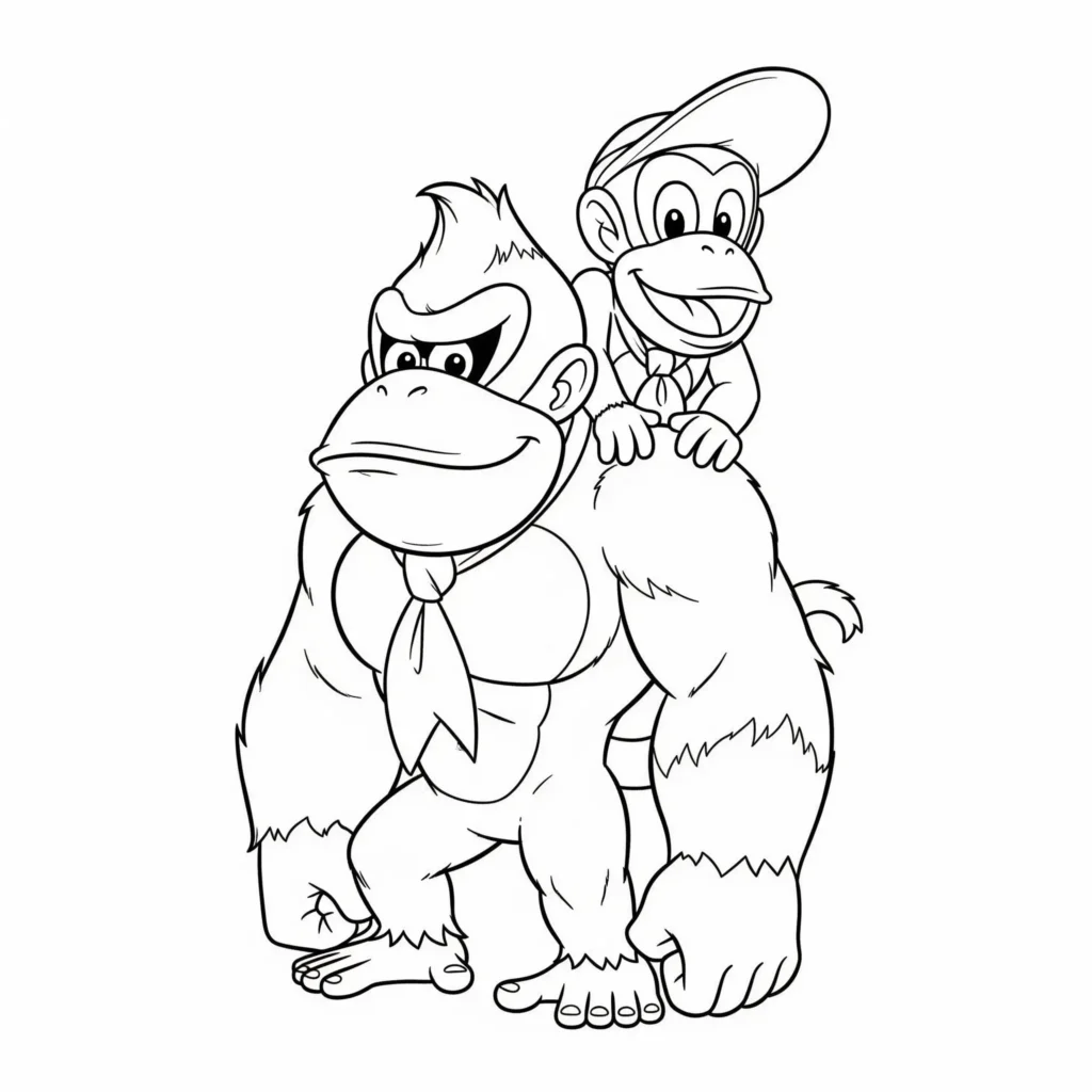 Diddy und Donkey Kong zusammen als Ausmalbild, perfekt zum kostenlosen Ausdrucken