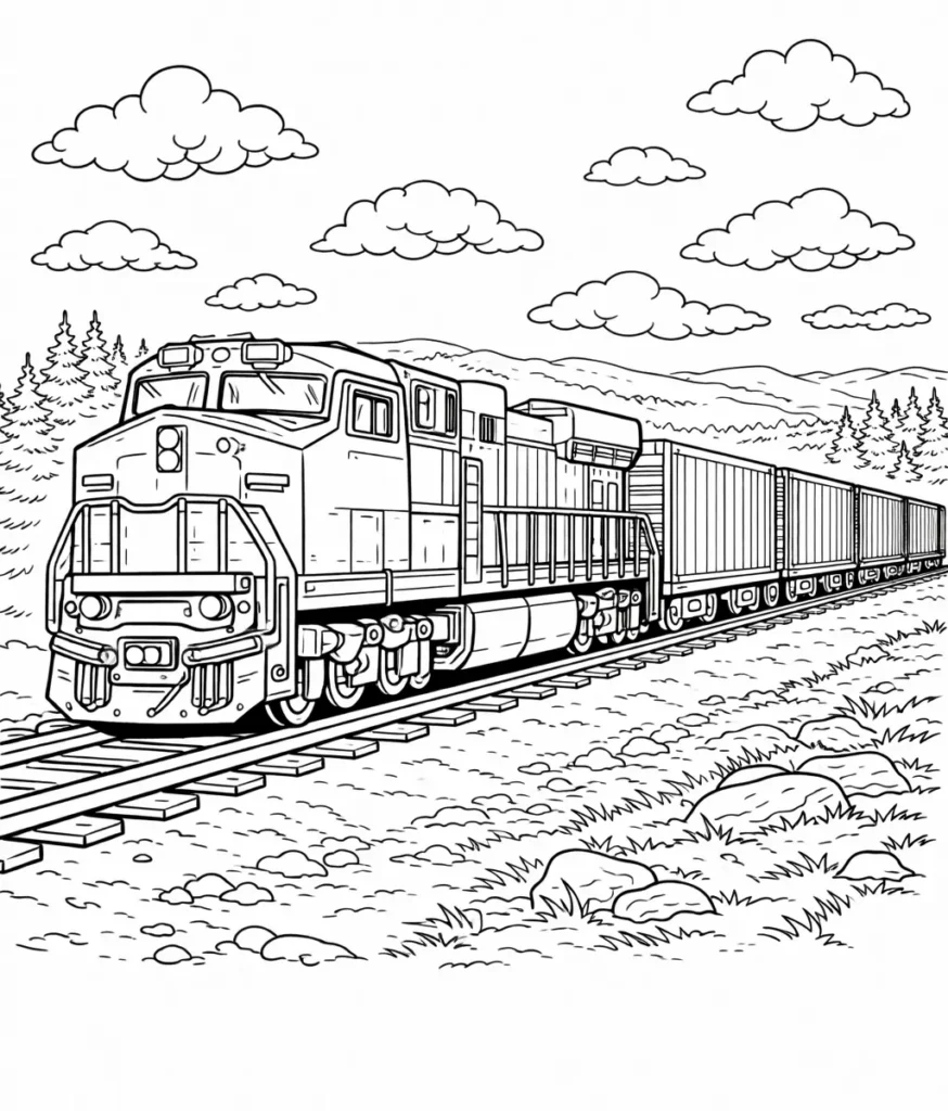 Eisenbahn Ausmalbilder (Gratis Malvorlage PDF zum drucken) Ausmalbild einer Diesel Frachtlok zum Ausdrucken für Kinder und Erwachsene zum kreativen Ausmalen