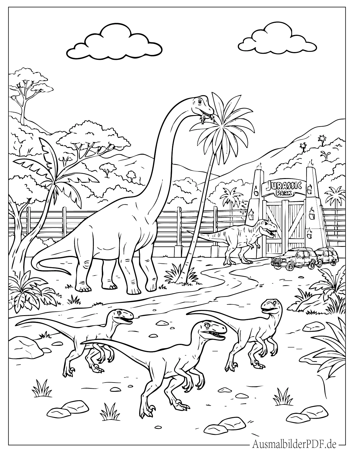 Dinosaurier Brachiosaurus, Allosaurus und Baby Velociraptors im Jurassic Park Malvorlage