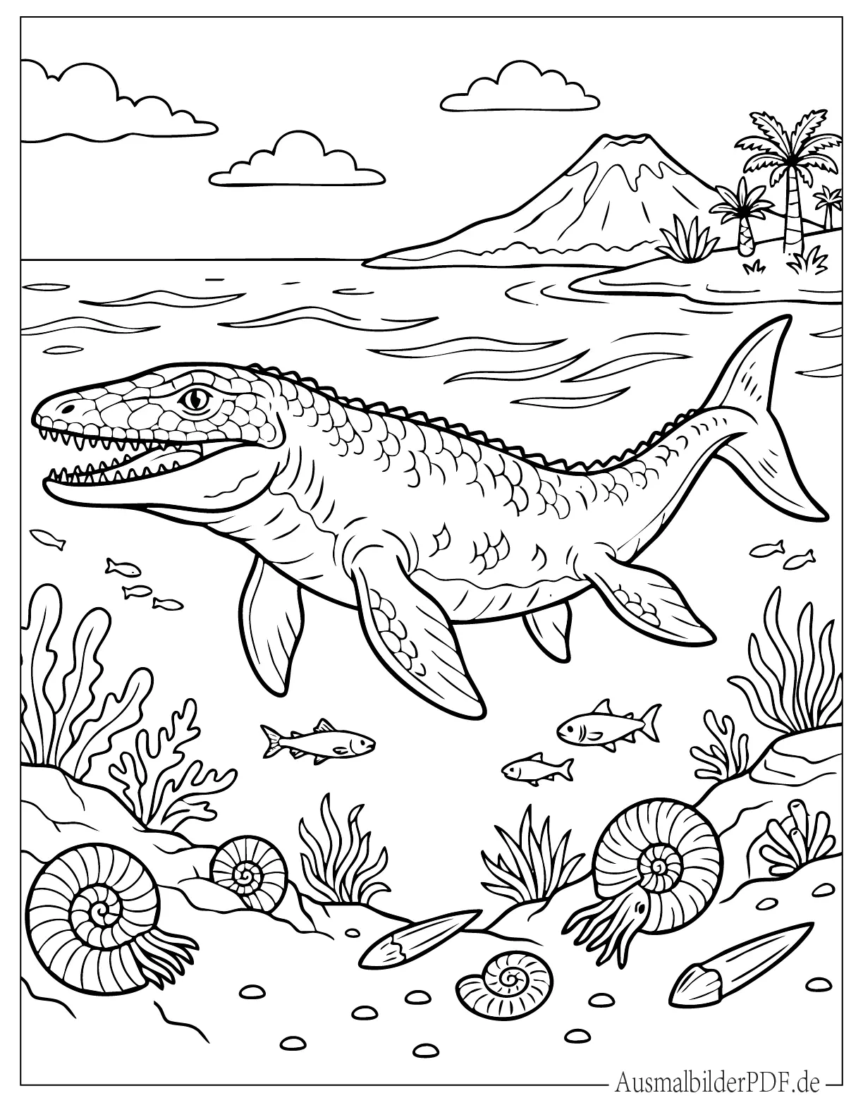Mosasaurus schwimmt mit Fischen Malvorlage zum Ausdrucken