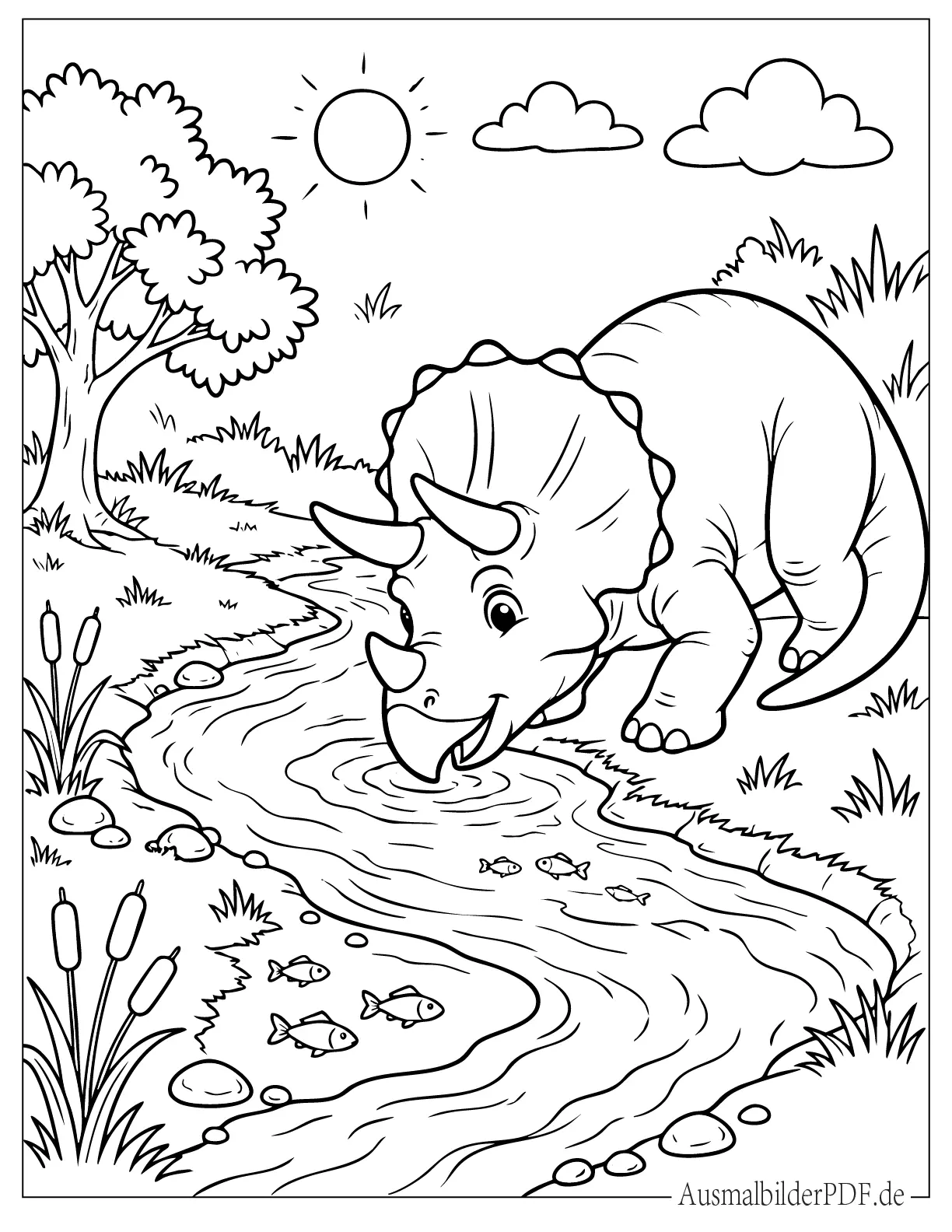 Dinosaurier Triceratops trinkt aus einem Fluss Ausmalbild