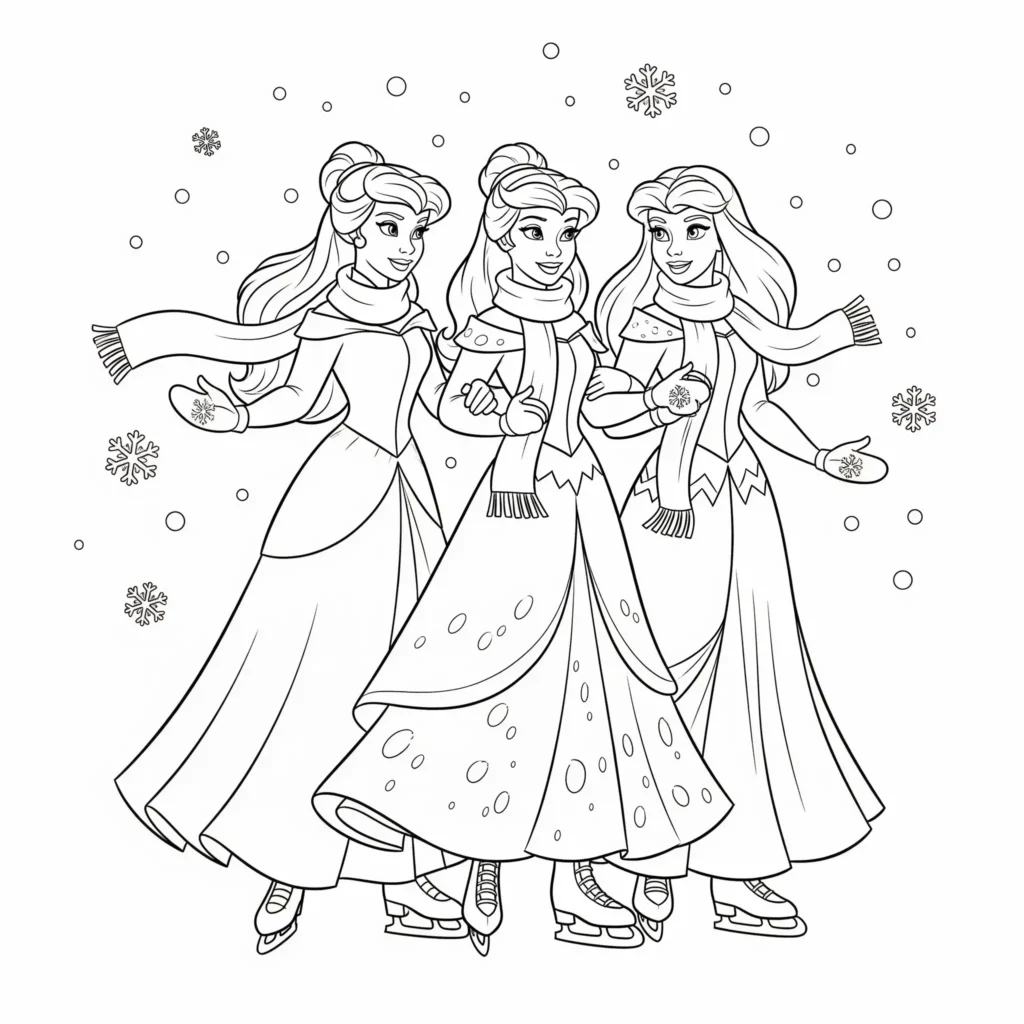 Disney Prinzessinnen beim Eislaufen – Ausmalbild für Kinder zum Ausdrucken