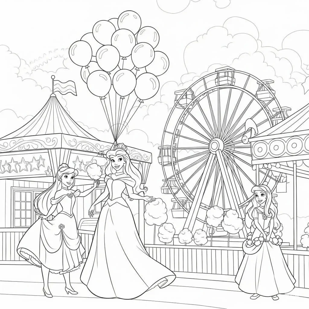 Disney Prinzessinnen feiern Karneval – Ausmalbild für Kinder zum Ausdrucken