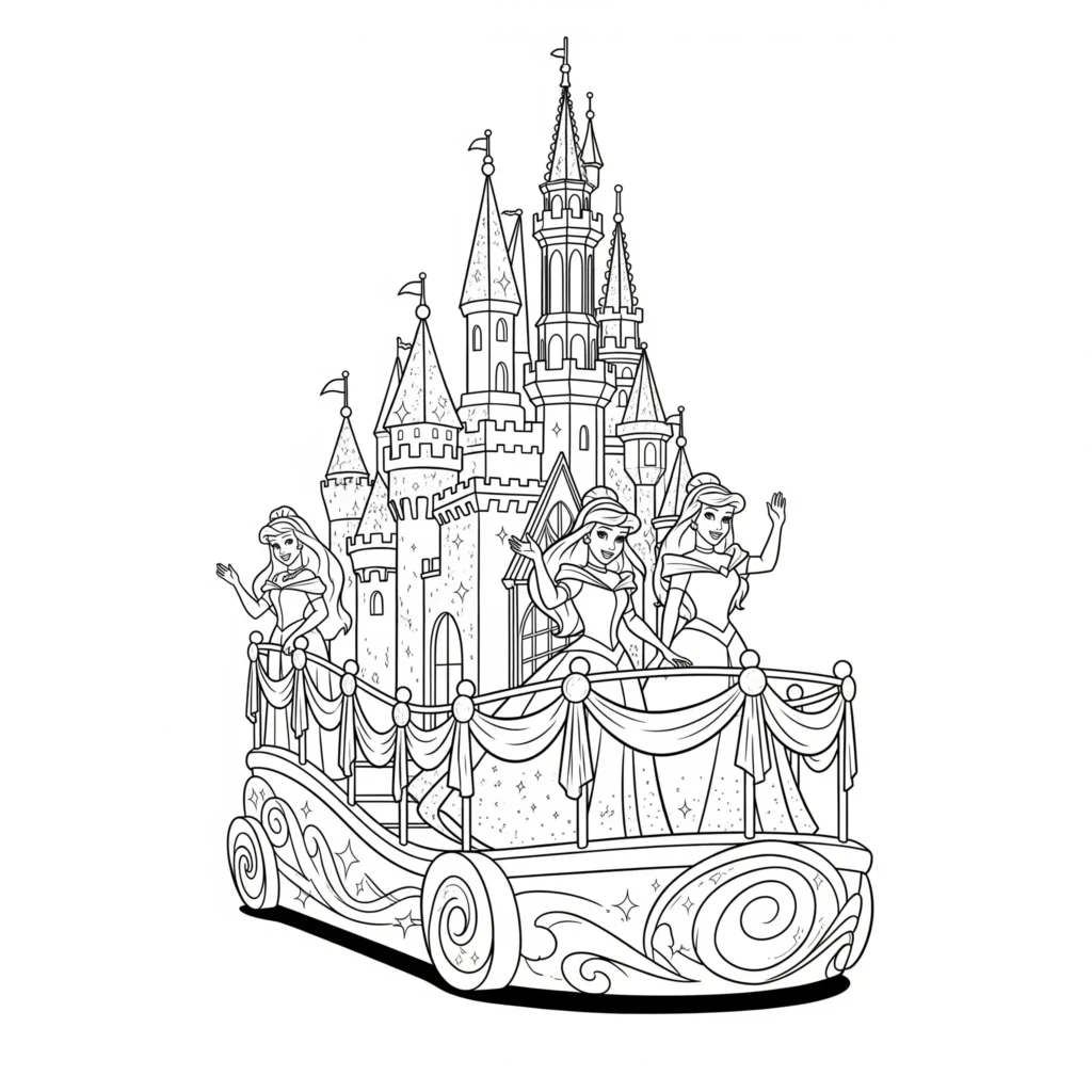 Disney Prinzessinnen nehmen an einer königlichen Parade teil – Ausmalbild zum Ausdrucken