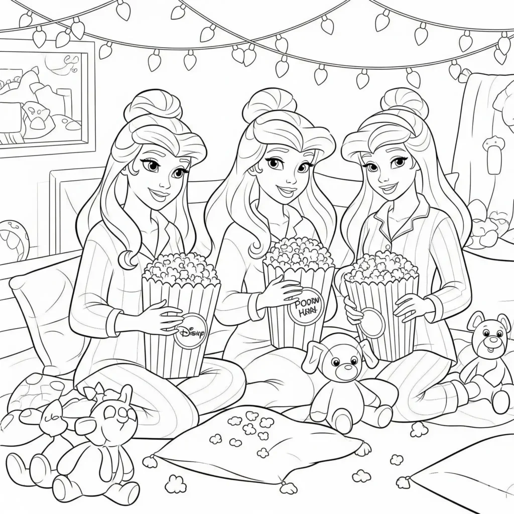 Disney Prinzessinnen bei einer Pyjamaparty als Malvorlage zum Ausdrucken für Kinder