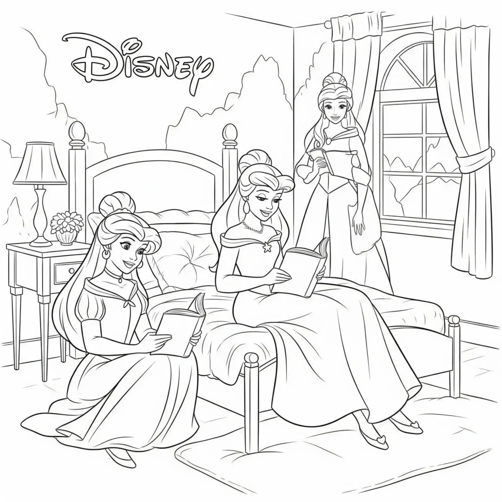 Disney Prinzessinnen im Schloss zur Schlafenszeit – Ausmalbild zum Ausdrucken
