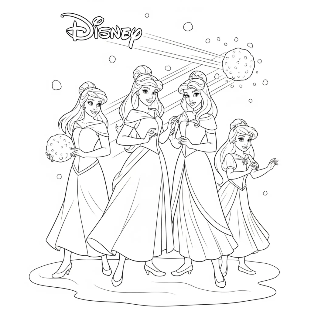 Disney Prinzessinnen bei einer Schneeballschlacht – Ausmalbild zum Ausdrucken
