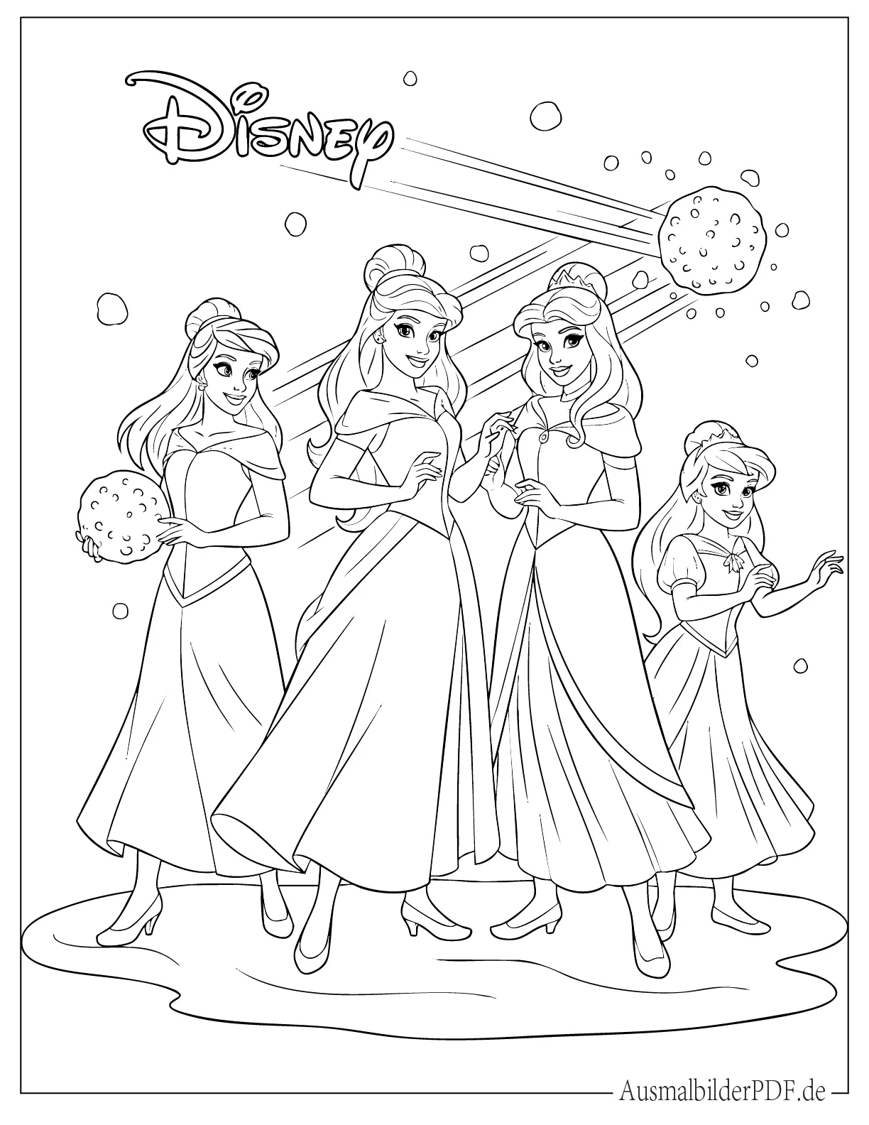 Vier Disney Prinzessin Schneeballschlacht Ausmalvorlage