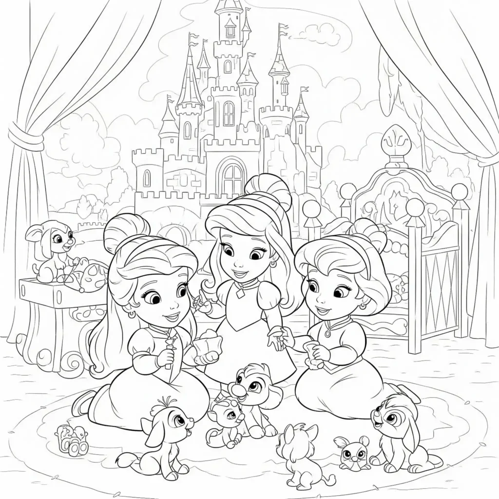 Disney Prinzessinnen als kleine Kinder – Ausmalbild für Kinder zum Ausdrucken