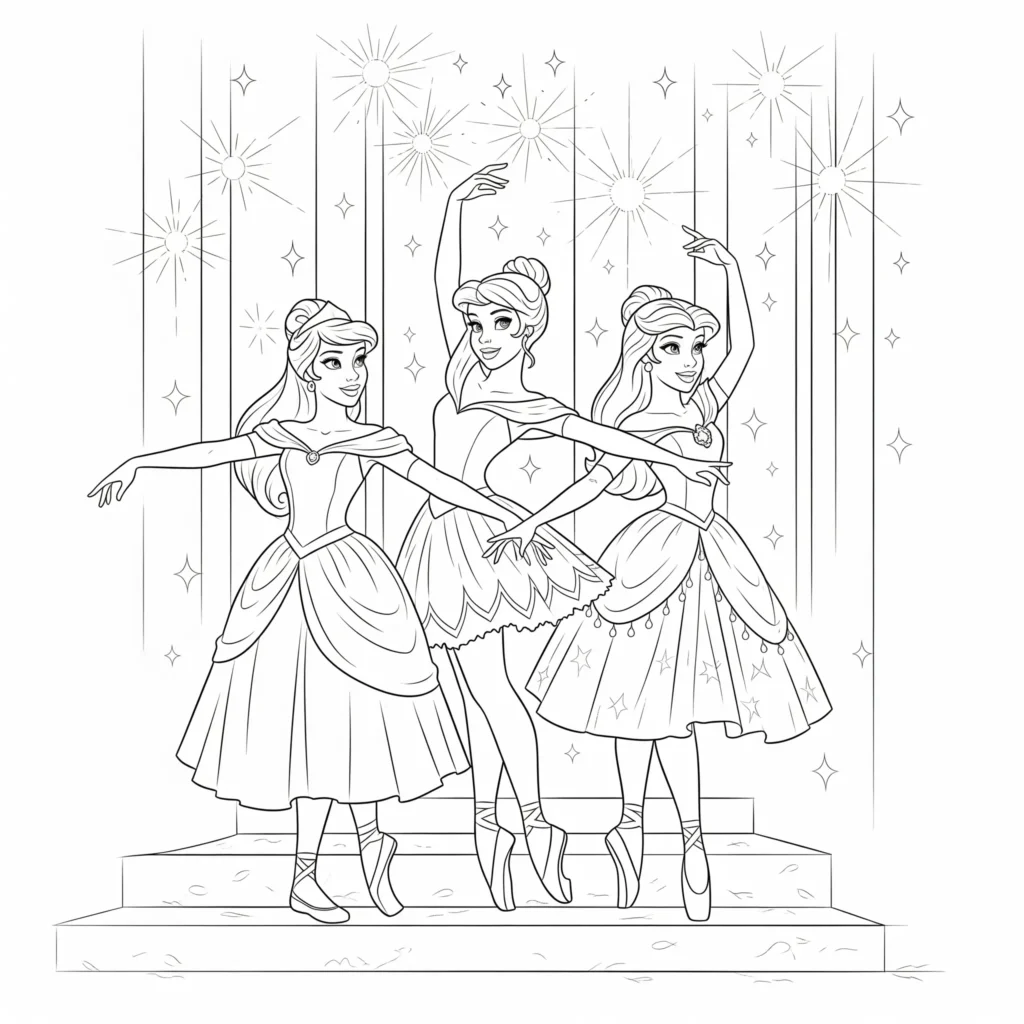 Disney Prinzessinnen als Ballerinas auf der Bühne – Ausmalbild zum Ausdrucken