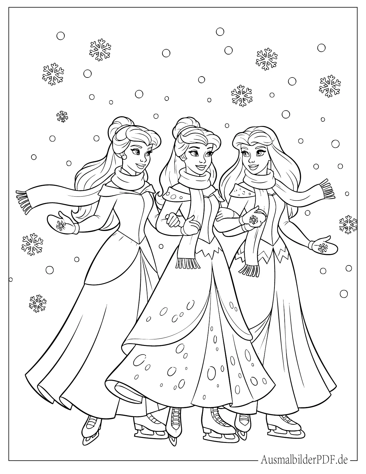 Drei Disney Prinzessinnen mit Schneeflocken beim Eislaufen Malvorlage