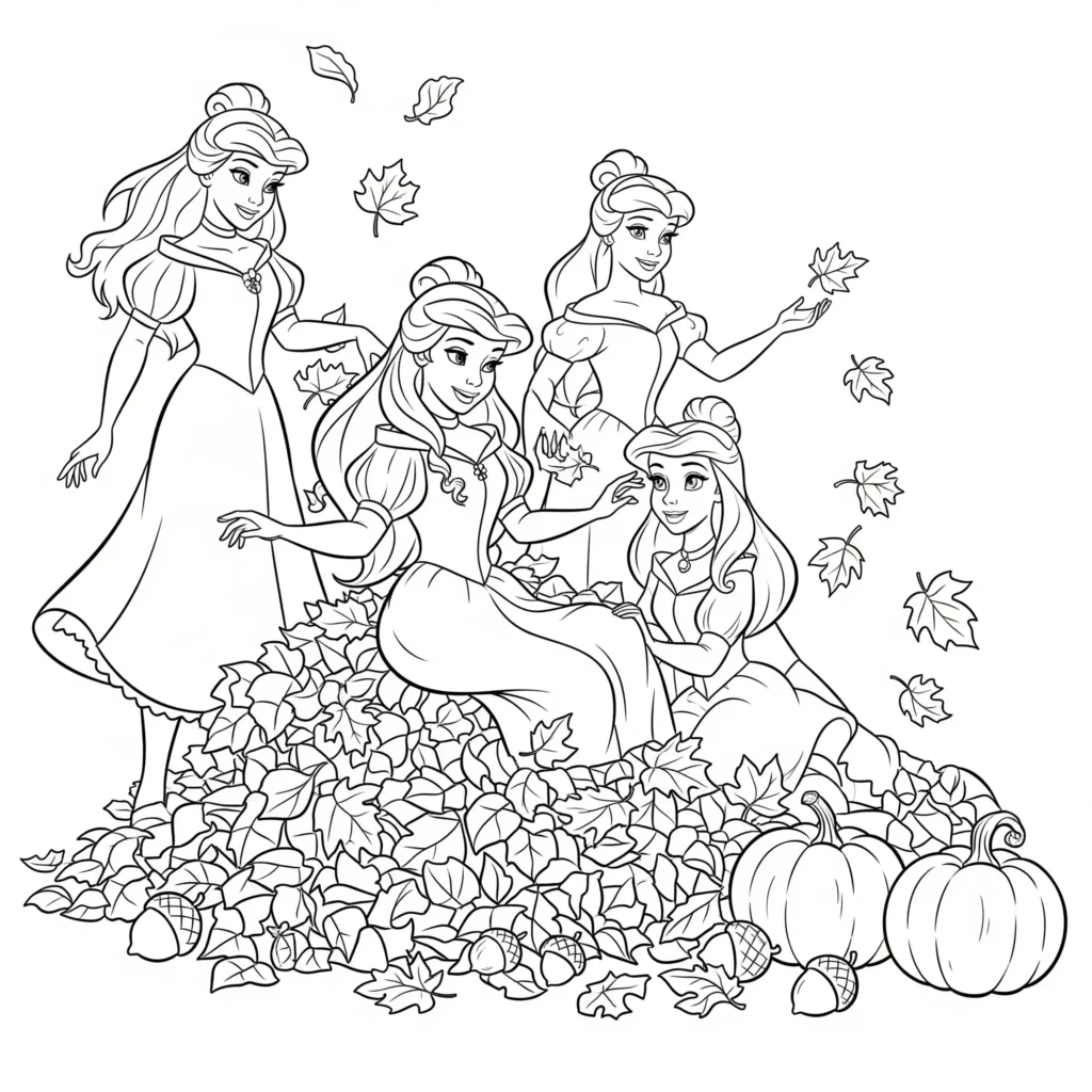 Disney Prinzessinnen spielen im bunten Herbstlaub – Ausmalbild zum Ausdrucken