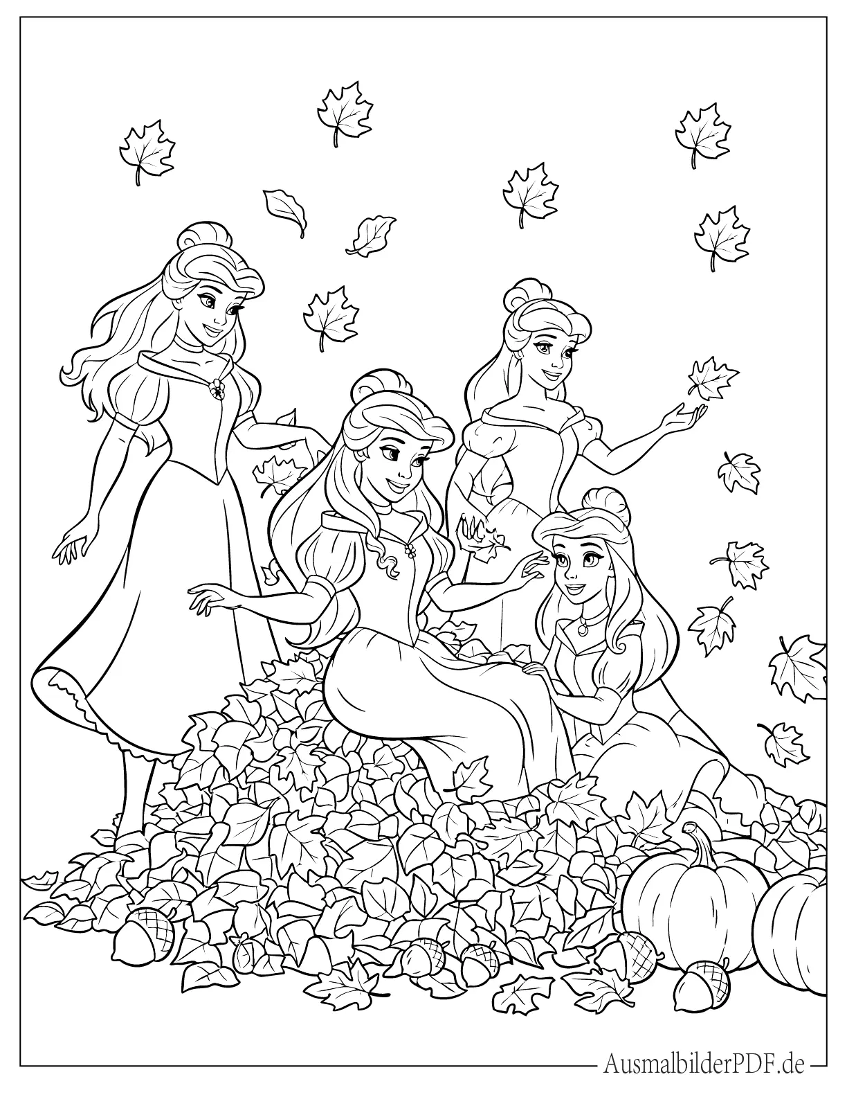 Drei Disney Prinzessinnen spielen in Herbstblättern Ausmalvorlage