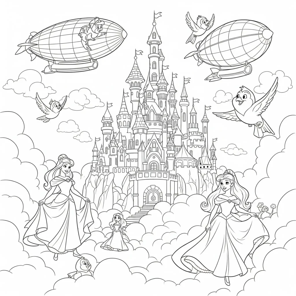 Disney Prinzessinnen im magischen Himmelreich – Ausmalbild zum Ausdrucken