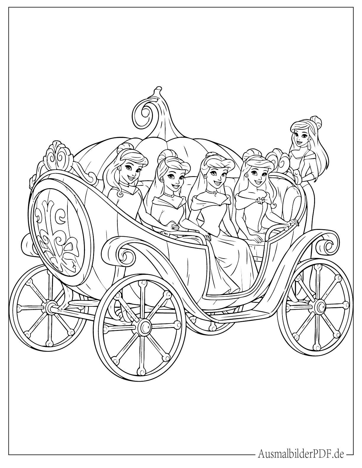 Fünf Disney Prinzessinnen in einer Kürbiskutsche Ausmalbild