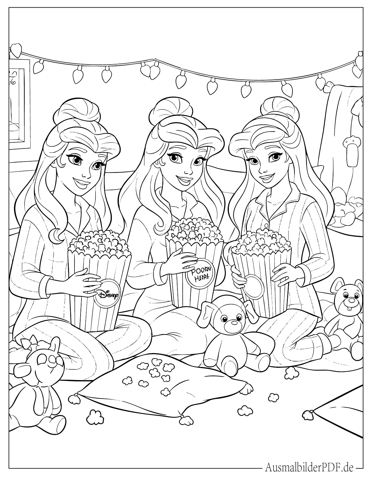 Drei wunderschöne Disney Prinzessinnen essen Popcorn Malvorlage