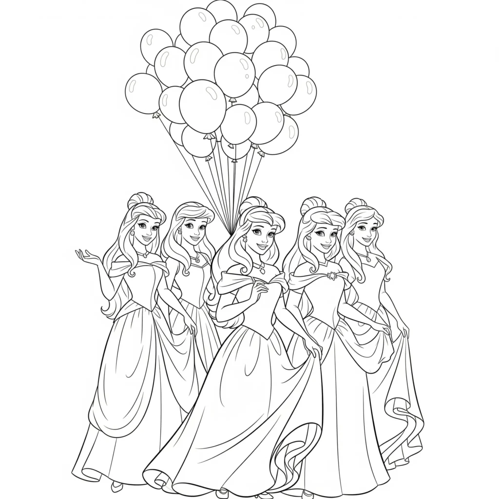 Disney Prinzessinnen mit bunten Luftballons – Ausmalbild zum Ausdrucken