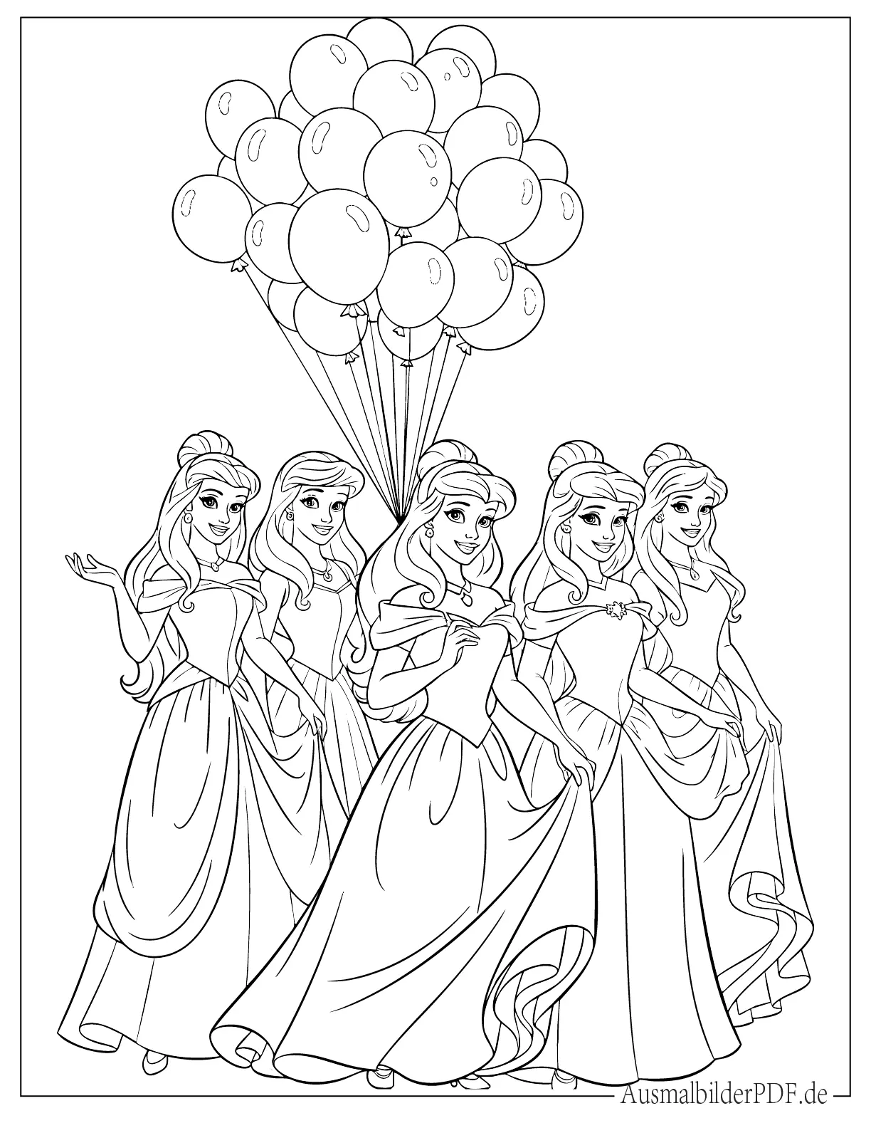 Fünf Disney Prinzessinnen mit Luftballons Ausmalbild