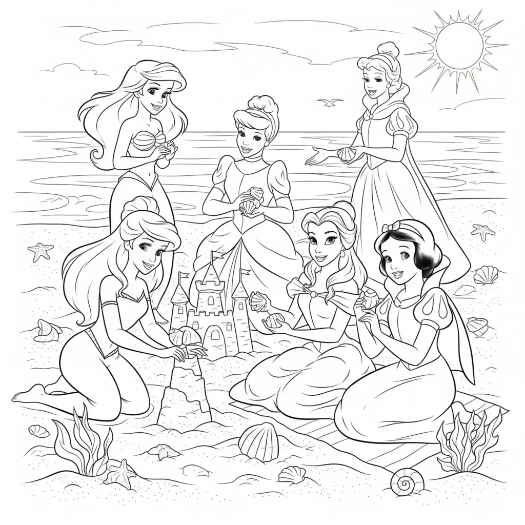 Disney Prinzessinnen genießen den Strand – Ausmalbild zum Ausdrucken