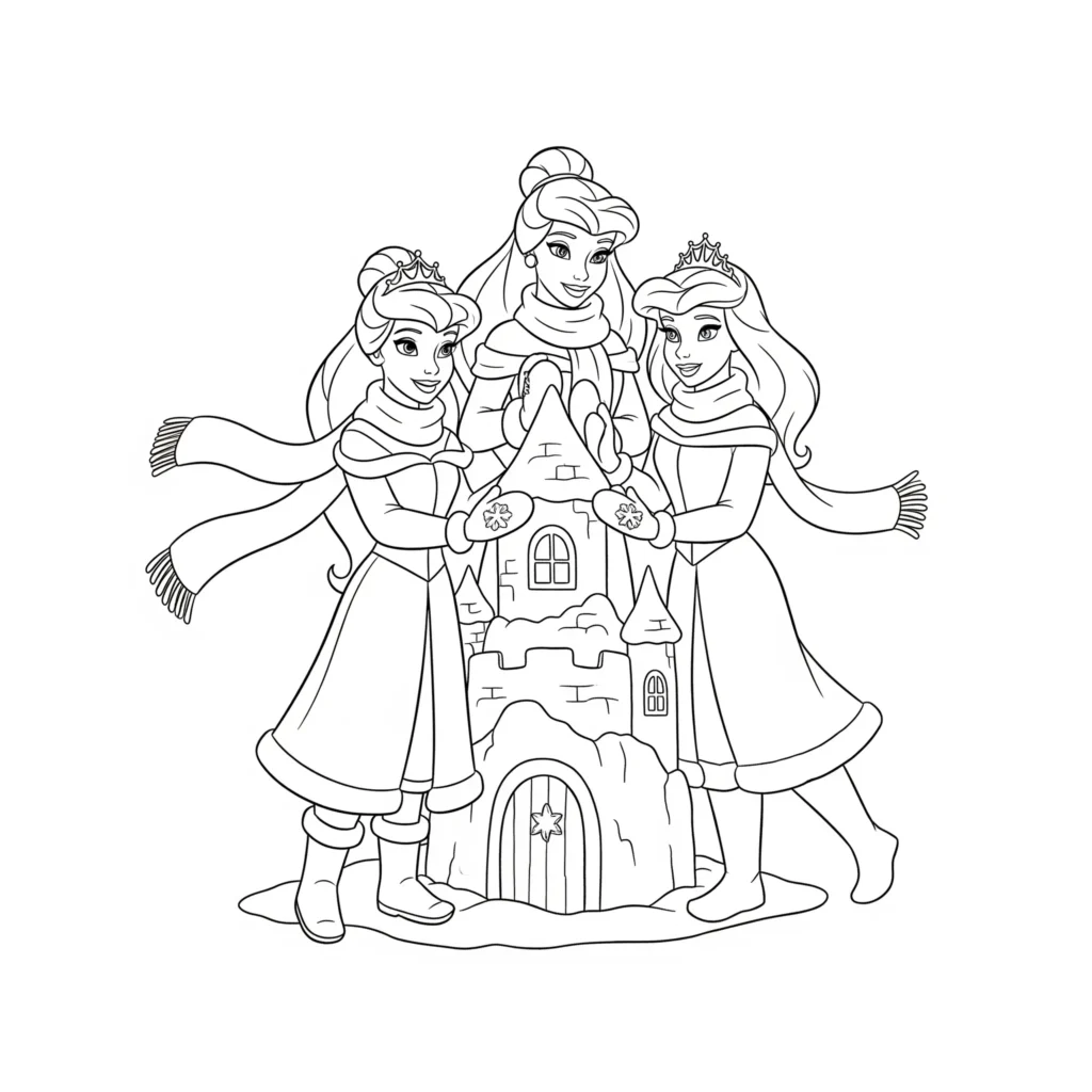 Disney Prinzessinnen tragen Winterkleidung – Ausmalbild zum Ausdrucken für Kinder