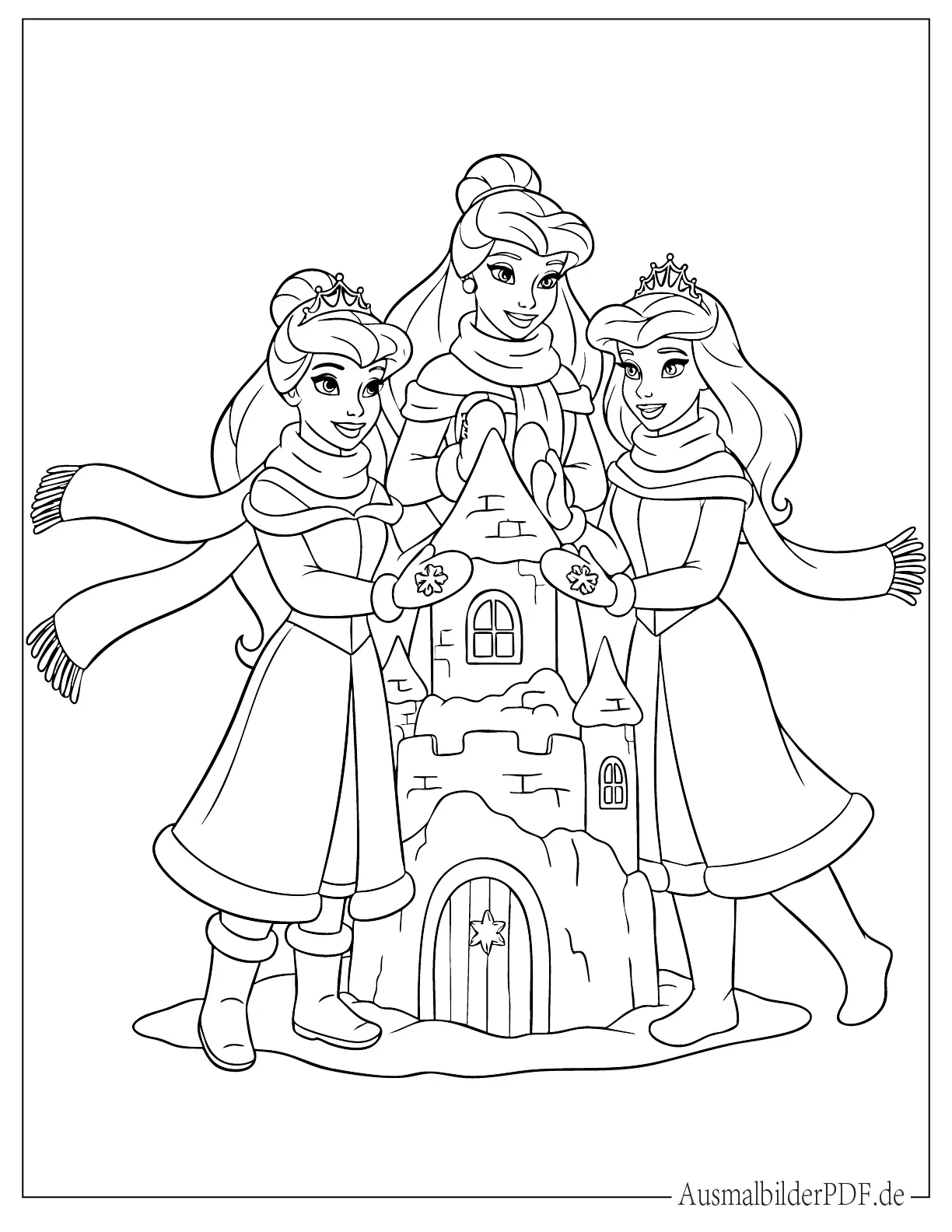 Disney Prinzessinnen im Winteroutfit bauen Schneeschloss Ausmalbild