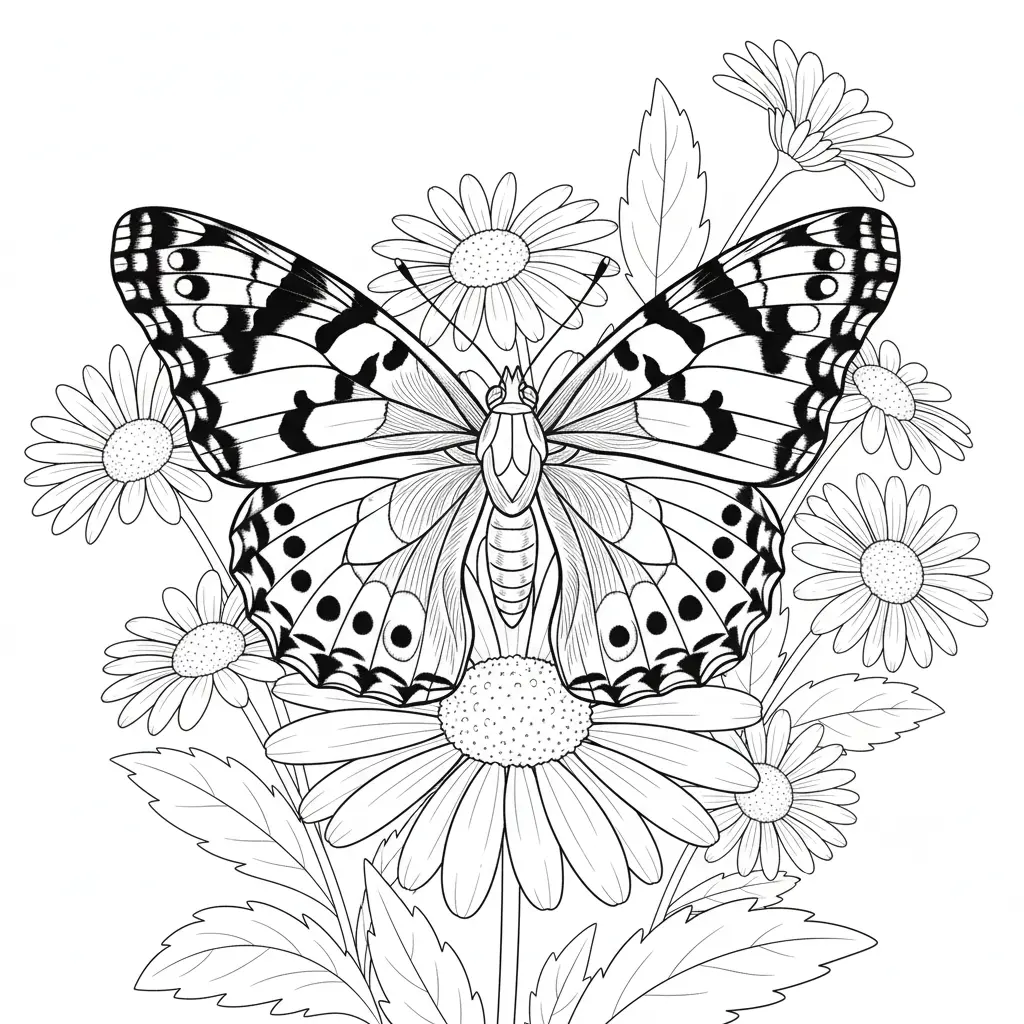 30+ Schmetterling Ausmalbilder (Gratis Malvorlage zum drucken) Ein wunderschöner Distelfalter-Schmetterling mit detailreichen Flügelmustern sitzt auf einer Blume und eignet sich perfekt zum Ausmalen.