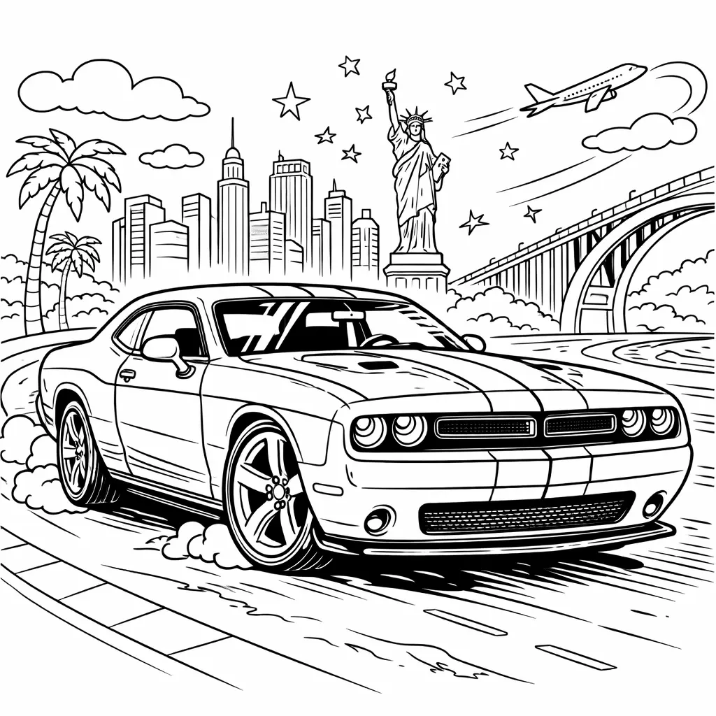 Kostenloses Ausmalbild eines Dodge Challenger als PDF zum Ausdrucken geeignet für Kinder, Erwachsene und Auto-Liebhaber