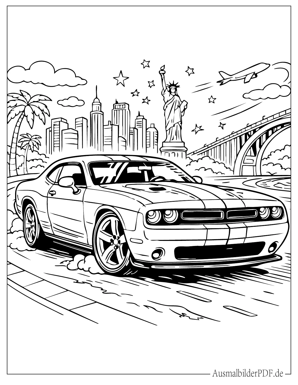 140 Auto Ausmalbilder (Gratis Malvorlagen zum Ausdrucken) Detailliertes Dodge Challenger Auto Ausmalvorlage