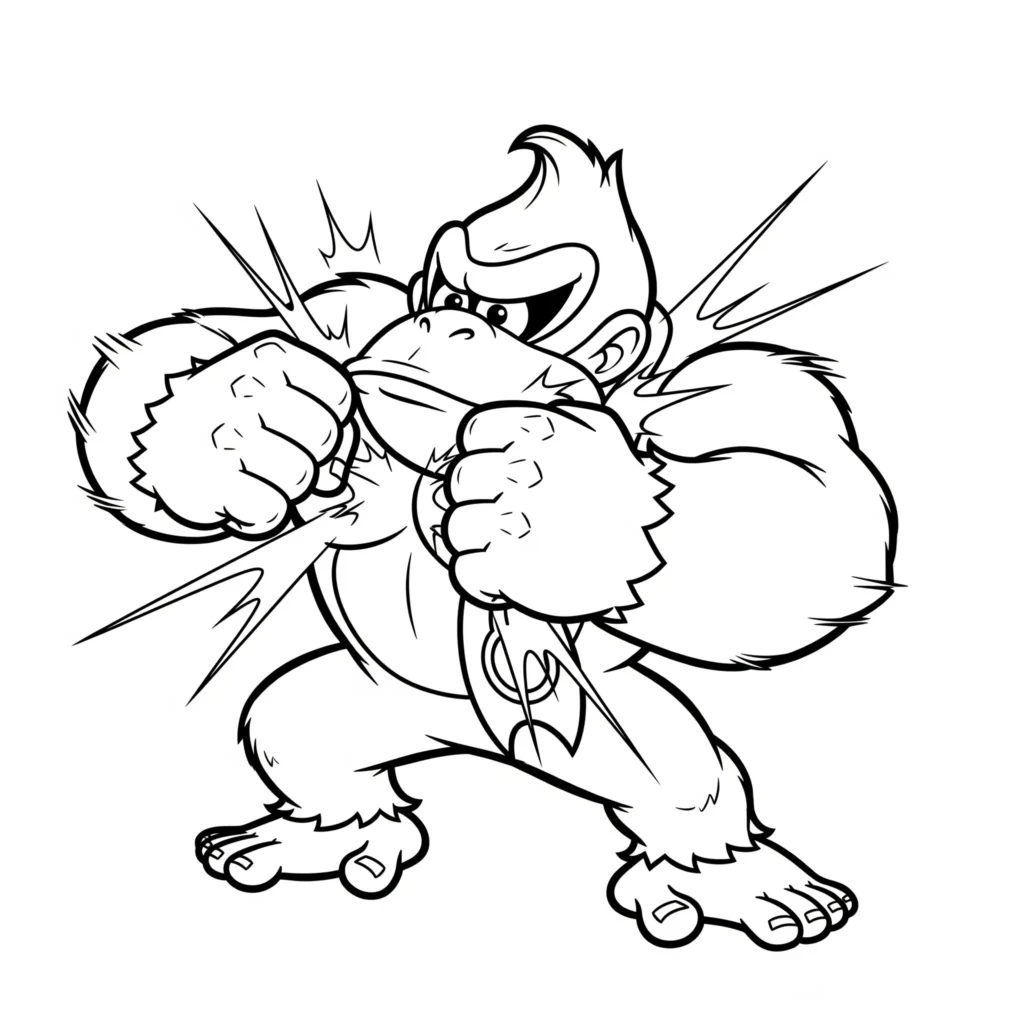 Donkey Kong beim Brusttrommeln als Ausmalbild, perfekt zum kostenlosen Ausdrucken für Kinder