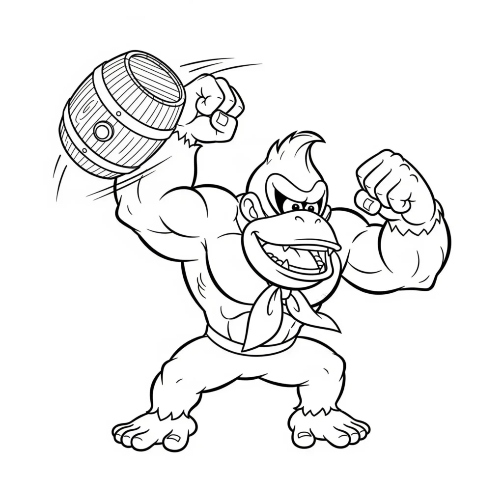 Donkey Kong wirft ein Fass in diesem Ausmalbild, ideal zum kostenlosen Ausdrucken für Kinder