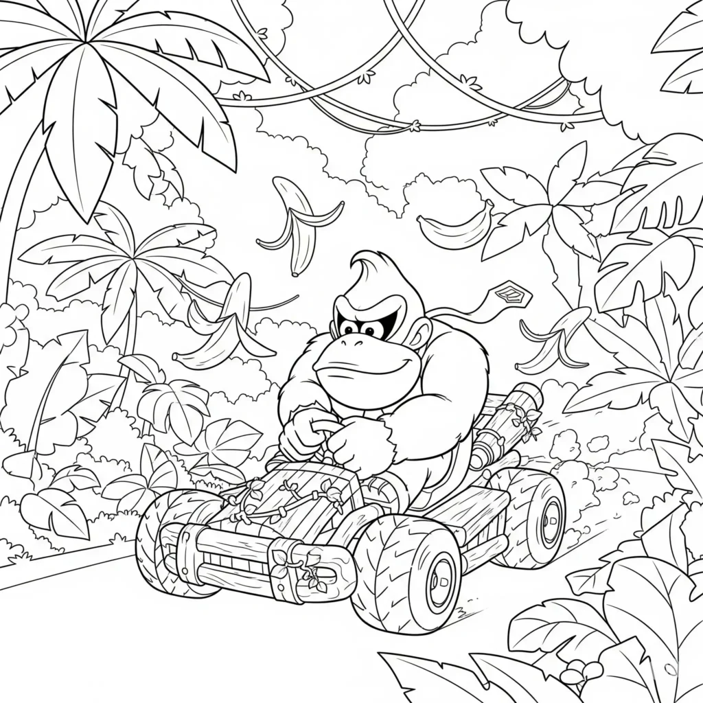 Donkey Kong fährt im Dschungel Kart durch die Strecke in diesem Ausmalbild zum Ausdrucken für Kinder und Erwachsene