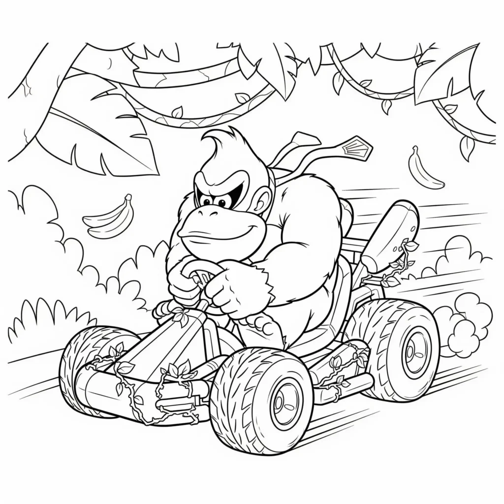 Donkey Kong fährt ein Kart in einem spannenden Rennen, Ausmalbild zum kostenlosen Ausdrucken für Kinder