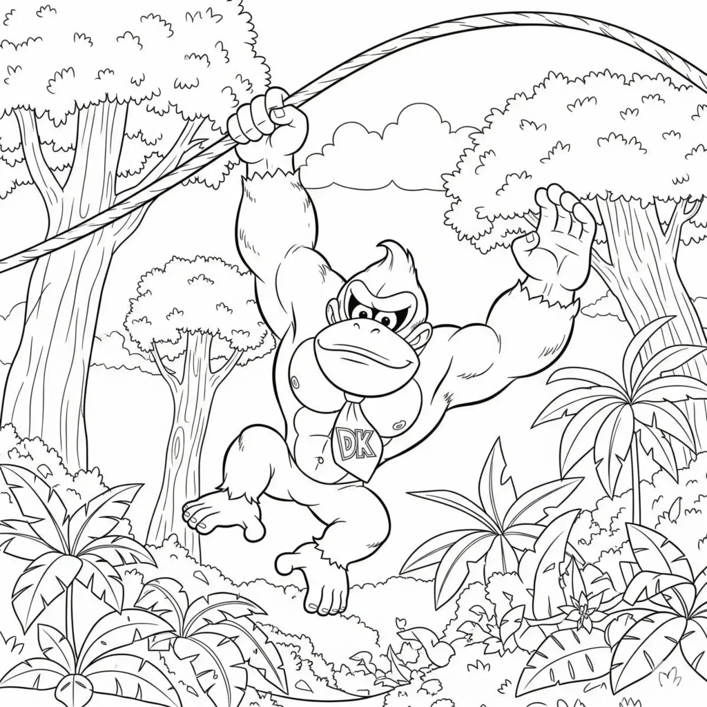 Donkey Kong schwingt sich an einer Liane, Ausmalbild zum kostenlosen Ausdrucken für Kinder