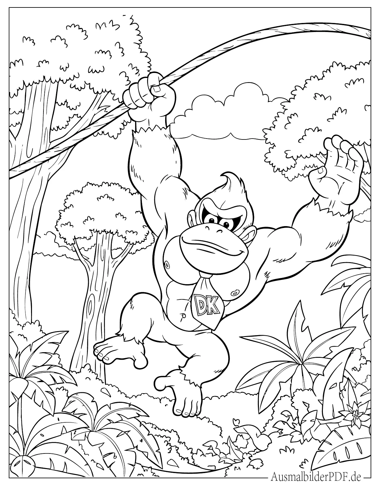 10 Donkey Kong Ausmalbilder (Gratis Malvorlagen zum drucken) Detaillierter Donkey Kong schwingt sich an einer Liane Ausdruckbare Ausmalbild