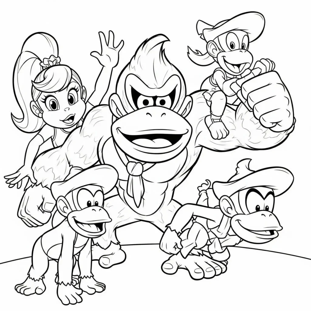 Donkey Kong mit Dixie, Diddy und Cranky Kong als Ausmalbild, ideal zum kostenlosen Ausdrucken für Kinder