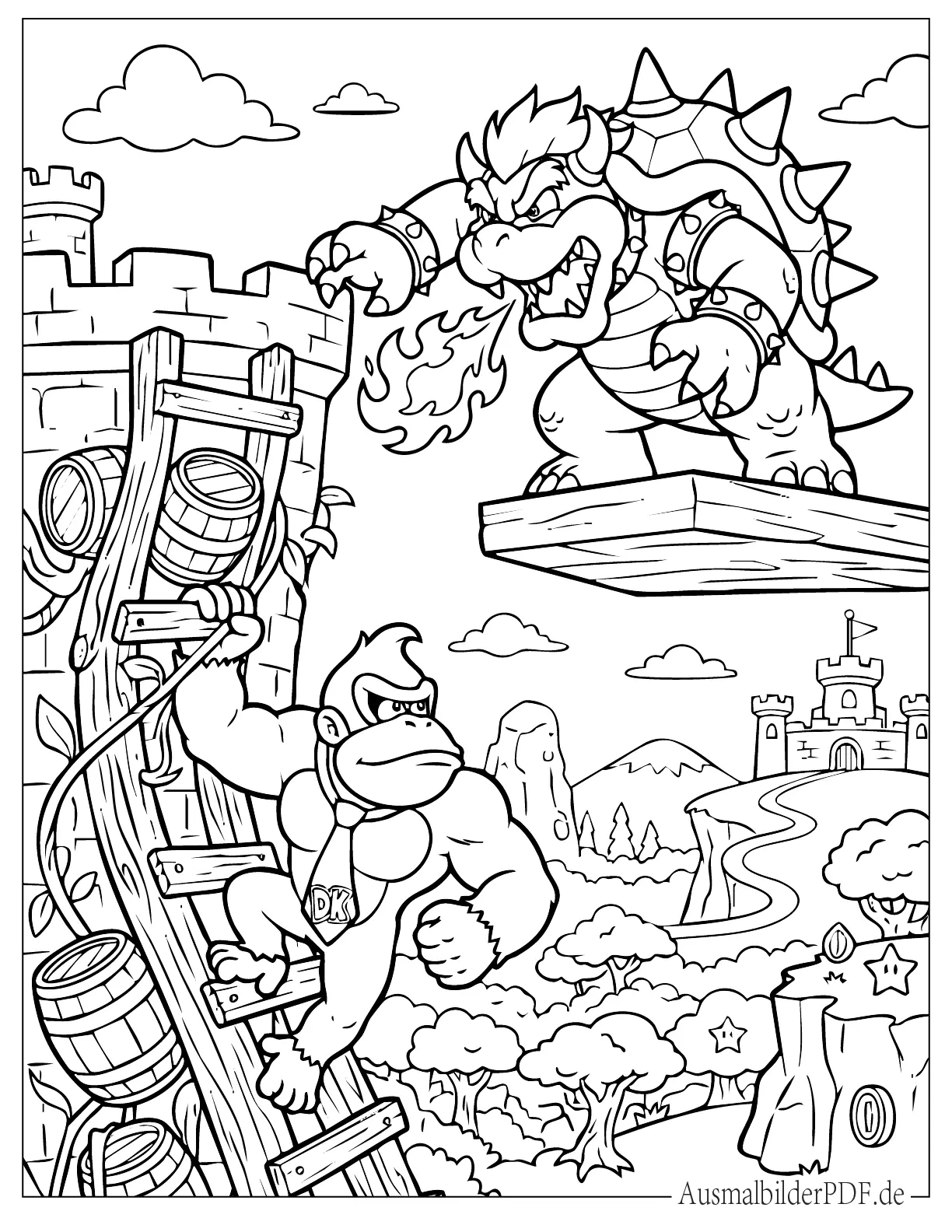 Donkey Kong und Bowser kämpfen Malvorlage