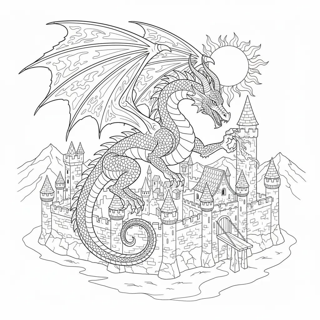 30 Drachen Ausmalbilder (Kostenlos Malvorlage zum Ausdrucken) Großer Drache befindet sich im Schloss zum Ausmalen und Ausdrucken