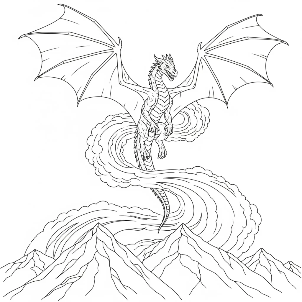 30 Drachen Ausmalbilder (Kostenlos Malvorlage zum Ausdrucken) Drache Malvorlage zum Ausdrucken kostenlos für Kinder und Erwachsene über Bergen fliegend