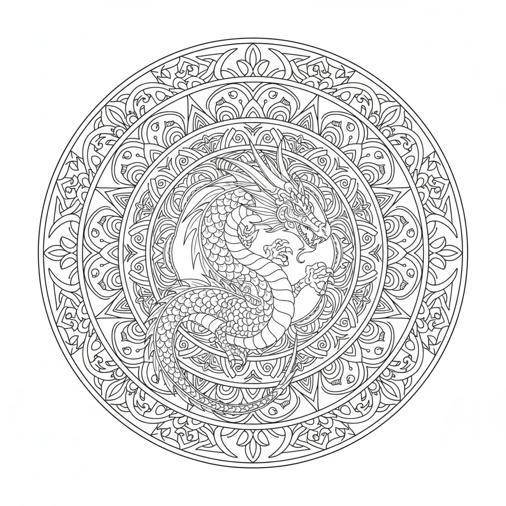 30 Drachen Ausmalbilder (Kostenlos Malvorlage zum Ausdrucken) Kunstvolle Mandala Malvorlage mit Drache zum Ausmalen und Ausdrucken