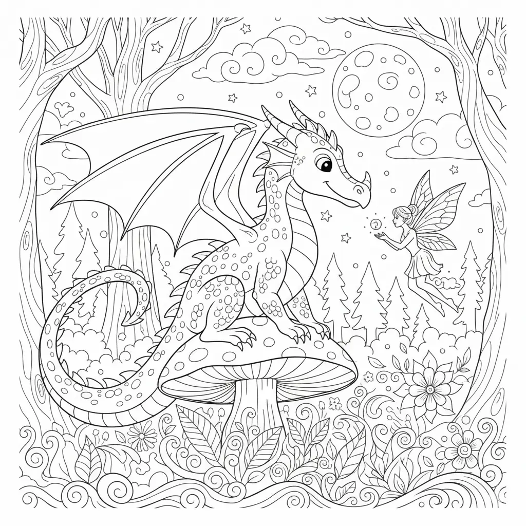 30 Drachen Ausmalbilder (Kostenlos Malvorlage zum Ausdrucken) Drache und Fee zusammen im Zauberwald zum Ausmalen und Ausdrucken