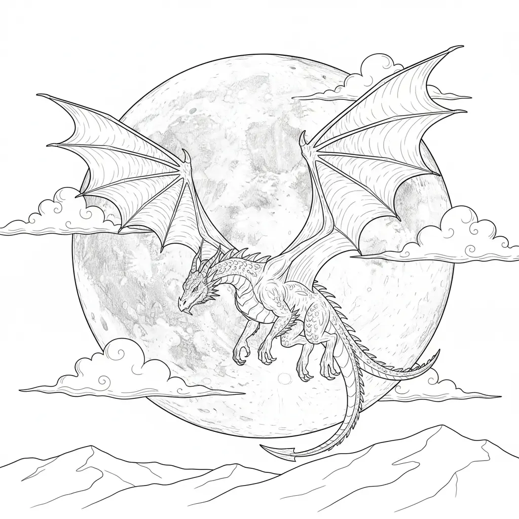 30 Drachen Ausmalbilder (Kostenlos Malvorlage zum Ausdrucken) Silhouette eines Drachen vor dem Mond in der Nacht zum Ausmalen und Ausdrucken