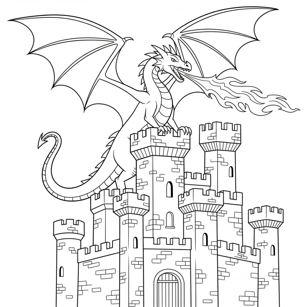 Schloss Ausmalbilder (Kostenlos Malvorlage zum Ausdrucken) Schloss ausmalbild mit einem drachen der ein schloss bewacht als pdf vorlage für kinder zum ausdrucken und ausmalen
