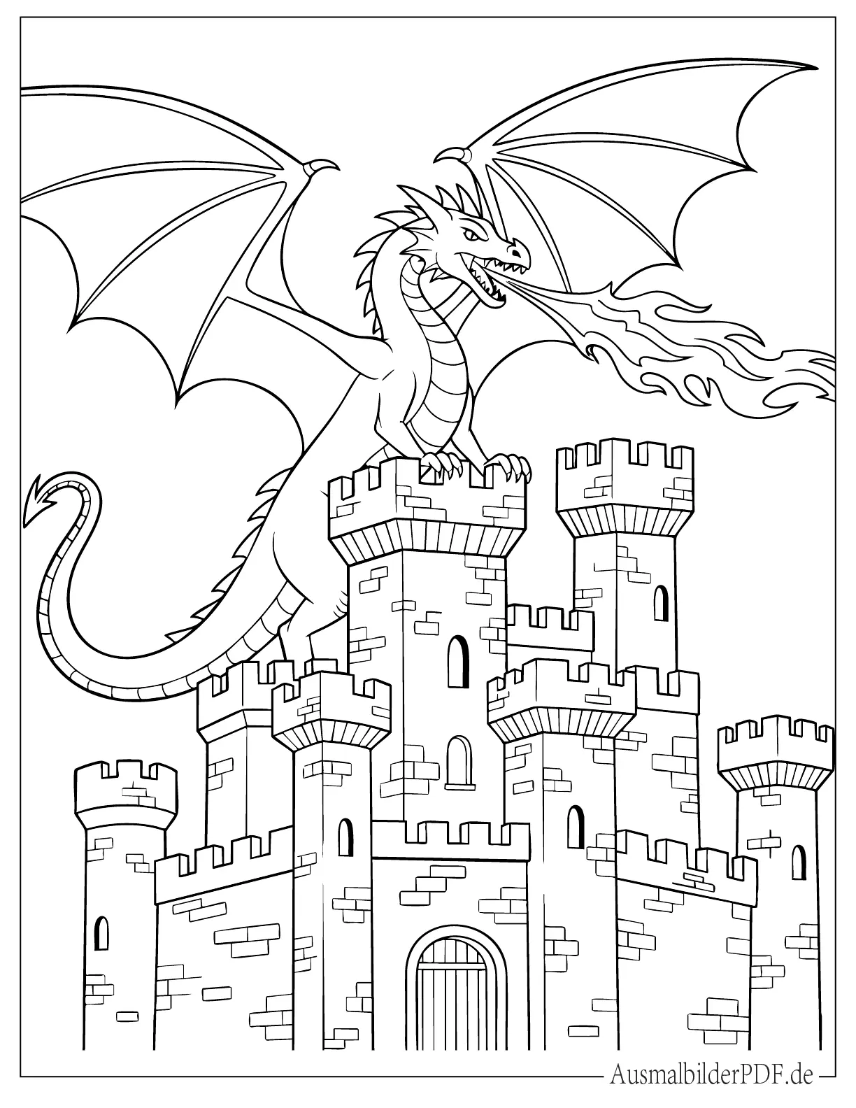Drache bewacht ein Schloss Malvorlage für Kinder