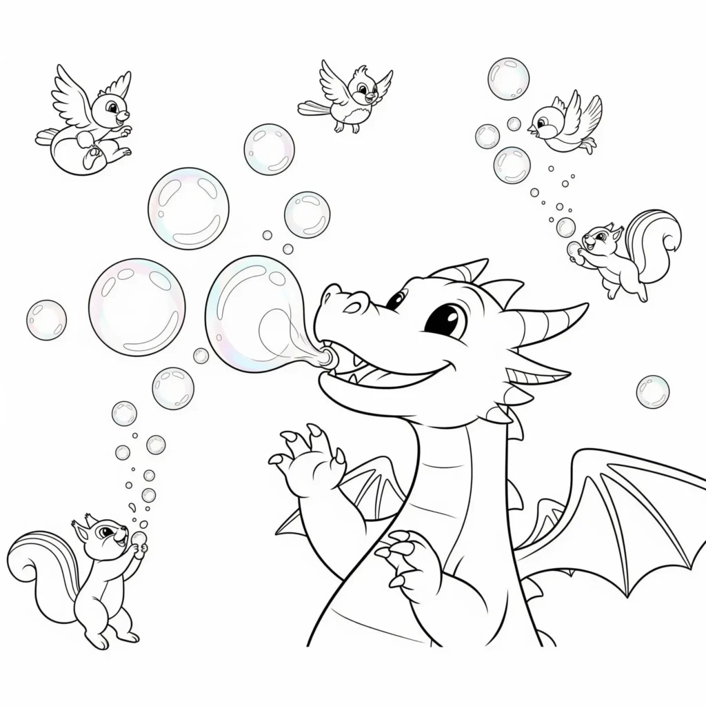 30 Drachen Ausmalbilder (Kostenlos Malvorlage zum Ausdrucken) Lustiger Drache pustet Seifenblasen zum Ausmalen und Ausdrucken