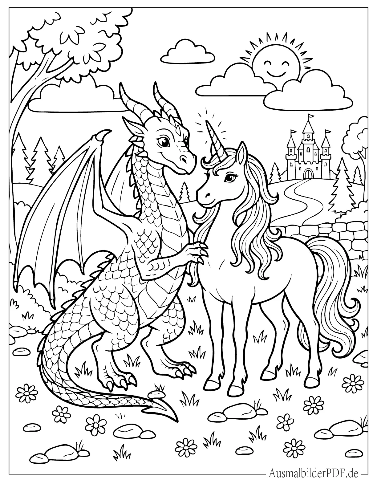 Drache steht neben magischem Einhorn Malvorlage