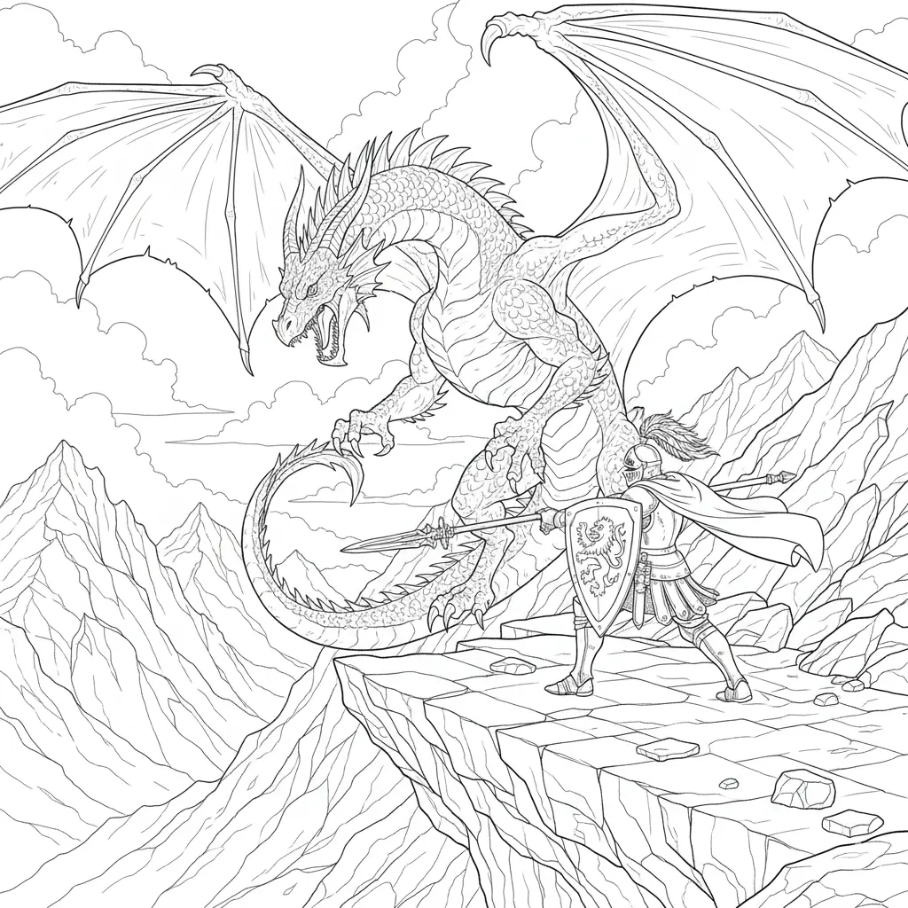 30 Drachen Ausmalbilder (Kostenlos Malvorlage zum Ausdrucken) Ritter kämpft tapfer gegen einen Drachen zum Ausmalen und Ausdrucken