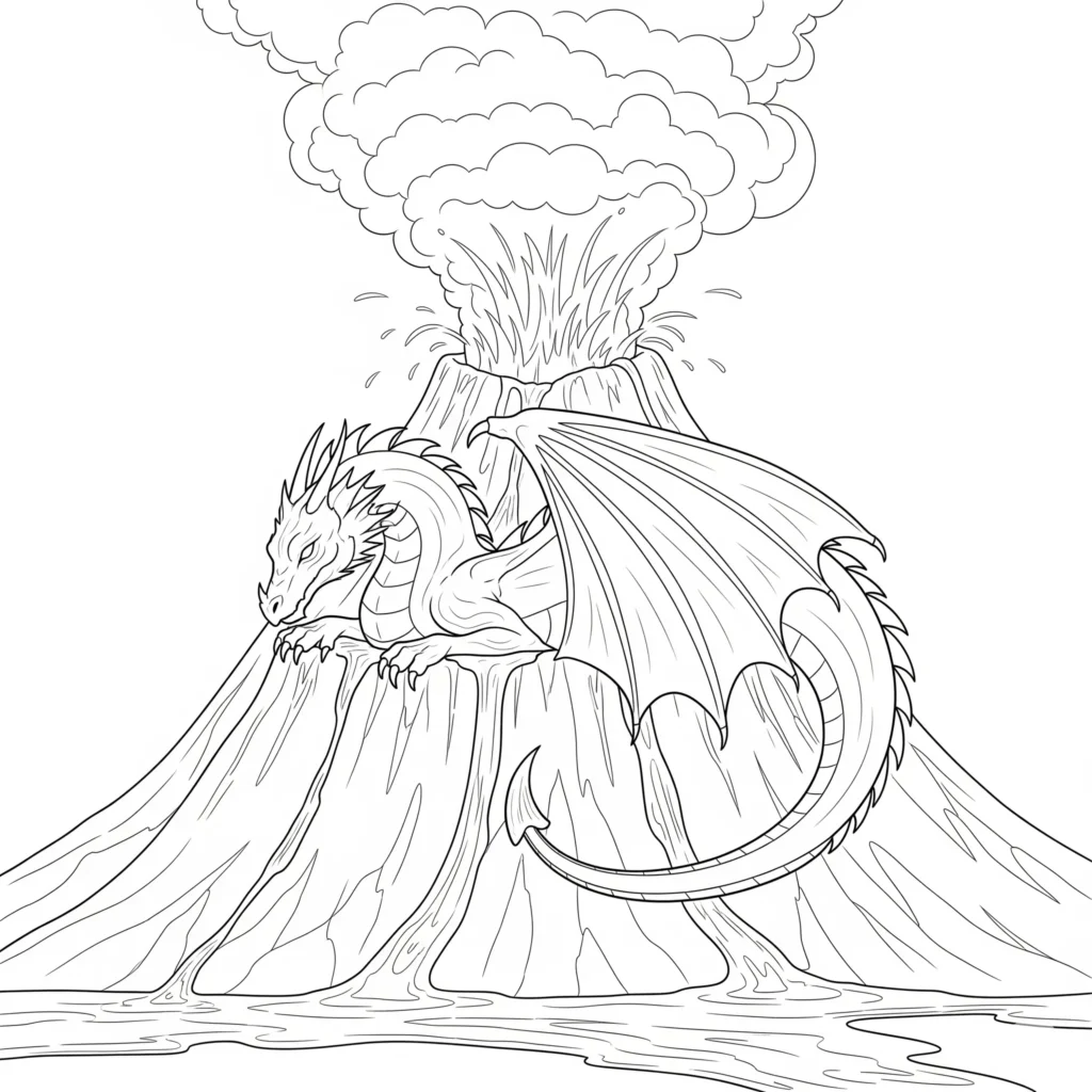 30 Drachen Ausmalbilder (Kostenlos Malvorlage zum Ausdrucken) Mächtiger Drache sitzt auf einem Vulkan zum Ausmalen und Ausdrucken