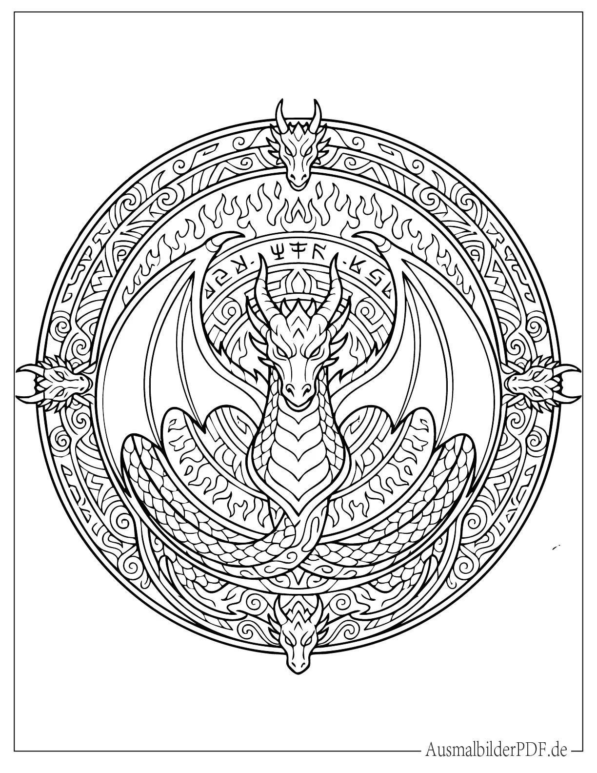 Detaillierte Drachen Mandala Ausmalbild für Erwachsene