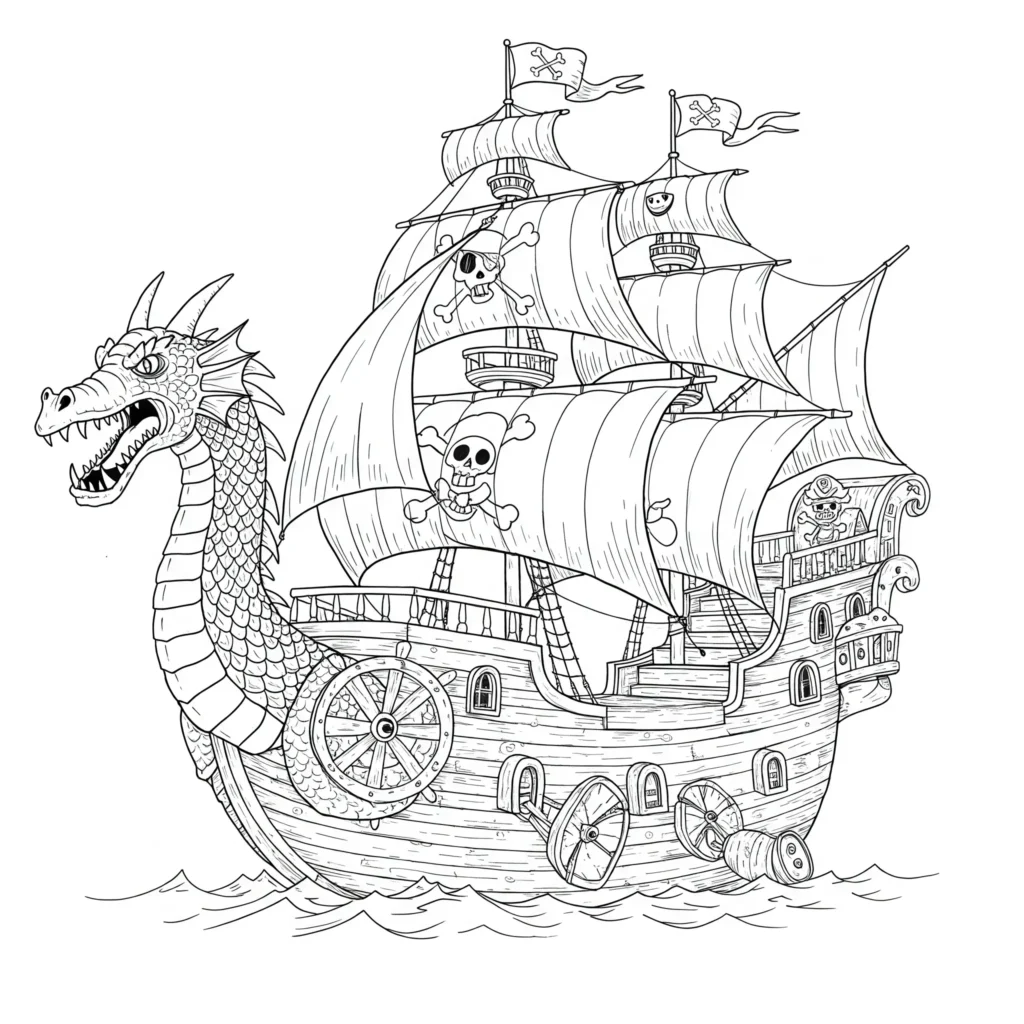 Drachen Piratenschiff Ausmalbild mit einem Piratenschiff und einem feuerspeienden Drachen – kostenlose Piratenschiff Ausmalbilder als PDF zum Ausdrucken