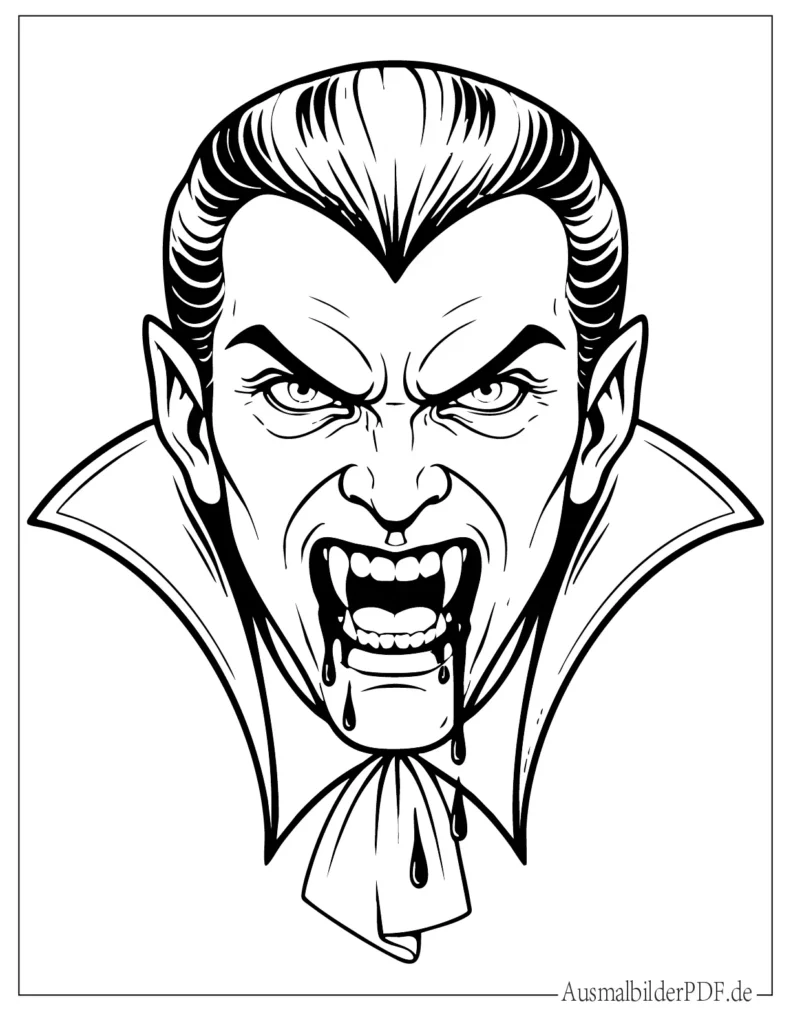 Ausmalblatt von Draculas Gesicht mit spitzen Zähnen für Kinder, Halloween Motiv zum Drucken und Ausmalen